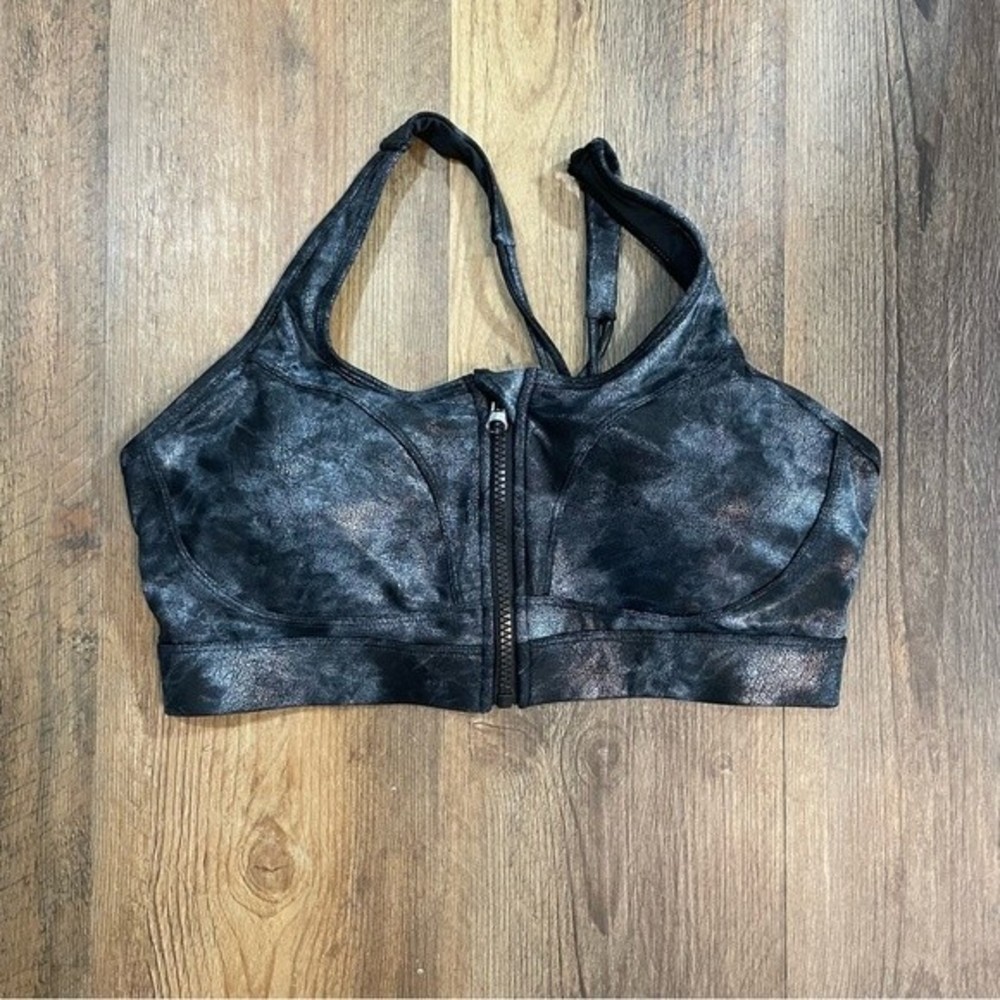 Zyia gray stonewashed front zipper bra, women’s size M